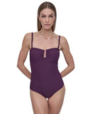 DKNY Womens Shirred One-Piece Swimsuit Bandeau Textured Port Texture Purple L