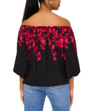 Sam & Jess Womens Off-the-Shoulder Floral Tie-Hem Top Rich Black / Red M