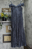 R&M Richards Off-The-Shoulder Lace Gown- Mother of The Bride Dress Steel Gray 12