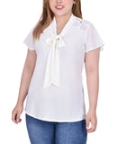 Ny Collection Short Sleeve Knit Top with Chiffon Shoulders Ivory Off White 1X