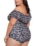 Swim Solutions Off-The Shoulder One Piece Swim Leaping Leopards Black Multi 18W