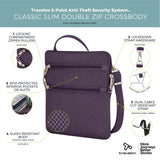 Travelon Anti-Theft Classic Slim Double Zip Crossbody Bag Purple One Size