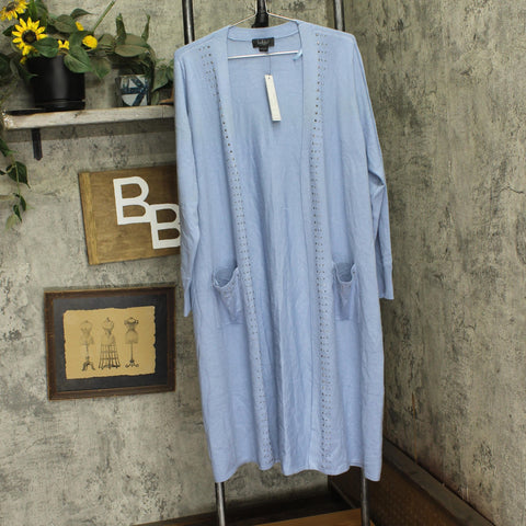 Belldini Size Rhinestone-Trim Belted Duster Cardigan Sweater Chambray Blue 1X