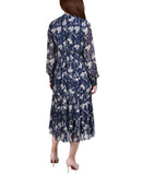 Ny Collection Womens Long Sleeve Clip Dot Chiffon Dress Blue Floral S