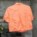 Karl Lagerfeld Cropped Short-Sleeve Button Down Linen Blend Shirt Coral Pink S
