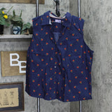 Laura Scott Womens Woven Button Up Sleeveless Shirt 2395-14 Navy Blue Cherry 3X