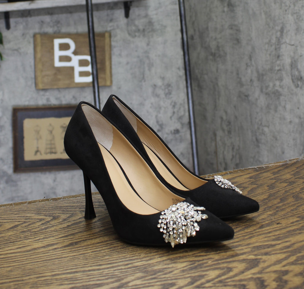 INC International Concepts Saija Pumps Embellished Heels Black Microsuede 8M