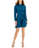 Taylor Women's Mock Neck Side-Draped Long-Sleeve Dress 3127M Blue 16