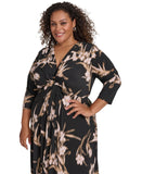 Calvin Klein Printed Twist-Front 3/4 Sleeve Maxi Dress Black Oyster Multi 16W