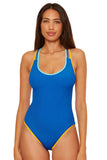 Becca Womens Open Back Crinkle Crush One Piece Swimsuit 121057 Ocean Blue S