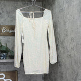 Emerald Sundae Sequin Blouson-Sleeve Bodycon Mini Dress Cream Off White M