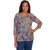 Alfred Dunner Stitched Pleated Neck Paisley Floral Top 16254WS Blue Multi 1X