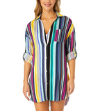 Anne Cole Cover Up Shirt with Buttons Roll Tab Barcode Stripe Blue Multi L/XL