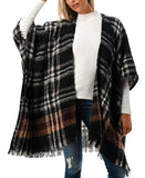 Marcus Adler Womens Open-Front Plaid Fringe-Trim Winter Fuzzy Kimono Black Multi