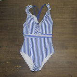 Cupshe Womens Ruffle Trim Strappy Back One Piece Swimsuit Blue / White Stripe S