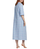 Miss Elaine 3/4-Sleeve Plaid Zip Robe Nightgown Navy Turquoise Plaid Blue L