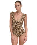 DKNY Ruffled Underwire One-Piece Swimsuit DIMMS731 Snow Leopard Brown Multi S