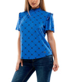 Adrienne Vittadini Womens Knit Short Sleeve Smocked Neck Top Blue / Black XL