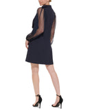 Vince Camuto Womens Bow Neck Shift Dress with Flock Mesh Dot Sleeves Navy Blue 4