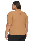 Calvin Klein Womens Plus Size Ruffle-Neck Button-Sleeve Shirt Luggage Brown 2X