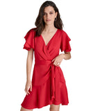 DKNY Petite Satin Flutter Tiered Sleeve V Neck Fit Flare Dress XD4ITB82 Red 8P