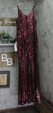 Dress The Population Sequin Bodycon High Side Slit V Neck Maxi Dress Port Red L