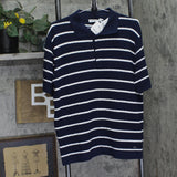 Simkhai Mens Calum Silk Blend Textured Polo Shirt Midnight Stripe Blue L
