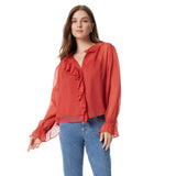 Sam Edelman Jasleen Ruffled Long Sleeve Button Front Top Blouse Red Orange S