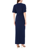 MSK V-Neck Rhinestone Ladder Trim Side Slit Evening Gown Dress Navy Blue S