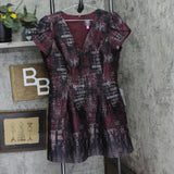 Vince Camuto Womens Jacquard Fit & Flare Puff-Sleeve Dress Wine Red Multi 16
