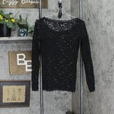 Moda International Womens Stretch Lace Sheer Long Sleeve Shirt Top Black M