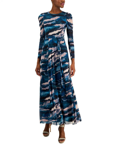 Anne Klein Women's Printed Puff-Sleeve Maxi Dress 10856417 Blue Ocean Multi S