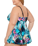 Swim Solutions Tummy Control Empire Swimdress One Piece Fiesta Fronds Blue 22W