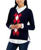 Tommy Hilfiger Womens Collared Argyle Twofer Sweater J2XS0478 Sky Captain Blue S