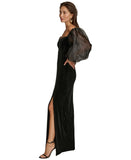 Donna Karan Off the Shoulder Sheer Puff Sleeve Evening Gown Dress Black 14