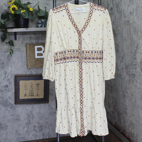 Canyon Retreat by Denim & Co. Front Embroidered Midi Dress Oatmeal Brown PL