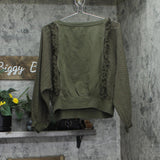 Free People Fringe Pullover Cropped Sweater Cotton Dolman Sleeve Green XS