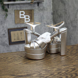 Schutz Keefa High Crossover High Heel Platform Sandals Prata Silver Gray 7.5B