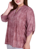 Ny Collection Womens Plus Size 3/4 Roll Tab Sleeve Y-Neck Top Mauve Pink 1X