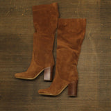 Michael Michael Kors Suede Block Heel Ruched High Heel Boots Luggage Brown 9.5M