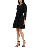 Anne Klein Women's V-Neck Pleated-Long-Sleeve Dress 10844849 Black XS