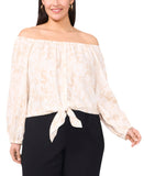 Vince Camuto Long Sleeve Front Tie Blouse Oyster Grey Gray Multi 2X
