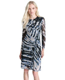 DKNY Printed Side-Ruched Sheer Long Sleeve Mesh Dress Black / Blue Multi 14