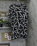 London Times Printed Mockneck Short Sleeve Mini Sweater Dress Black / White L
