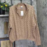 A New Day Long Sleeve Turnover Split Neck Cable Knit Pullover Sweater Brown 1X