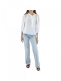 Riley & Rae Sheer Keyhole Back Lined Pouf Sleeve Tie Neck Blouse White 2XS