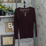 American Eagle Acrylic Wool Open Knit Pullover Sweater V-Neck Berry Purple S