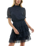 Crystal Doll Short Puff Sleeved Sheer Fit Flare Dress Navy Blue / White L