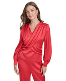 Halston Womens Satin Surplice-Draped Cross Over Neck Blouse Top Bright Red L
