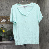 Karen Scott Womens Knit Short Sleeve Henley Shirt Top Aqua Blue Green XL